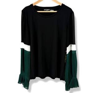 Karl Lagerfeld Paris Pleated Sleeve Blouse Shirt Size Large Black Green